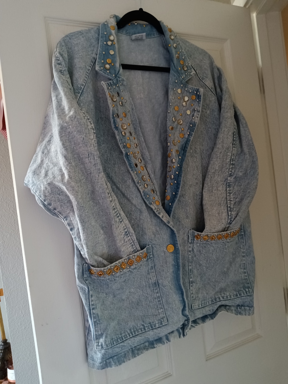 Women's Vintage Light Blue Acid-Wash Jean Jacket with Gold Stud Accents By Rio